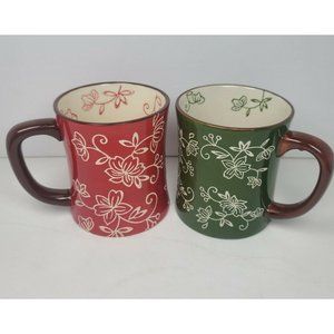 Set of 2 Temptations Floral Lace Red and Green Coffee Tea Mugs 16 oz